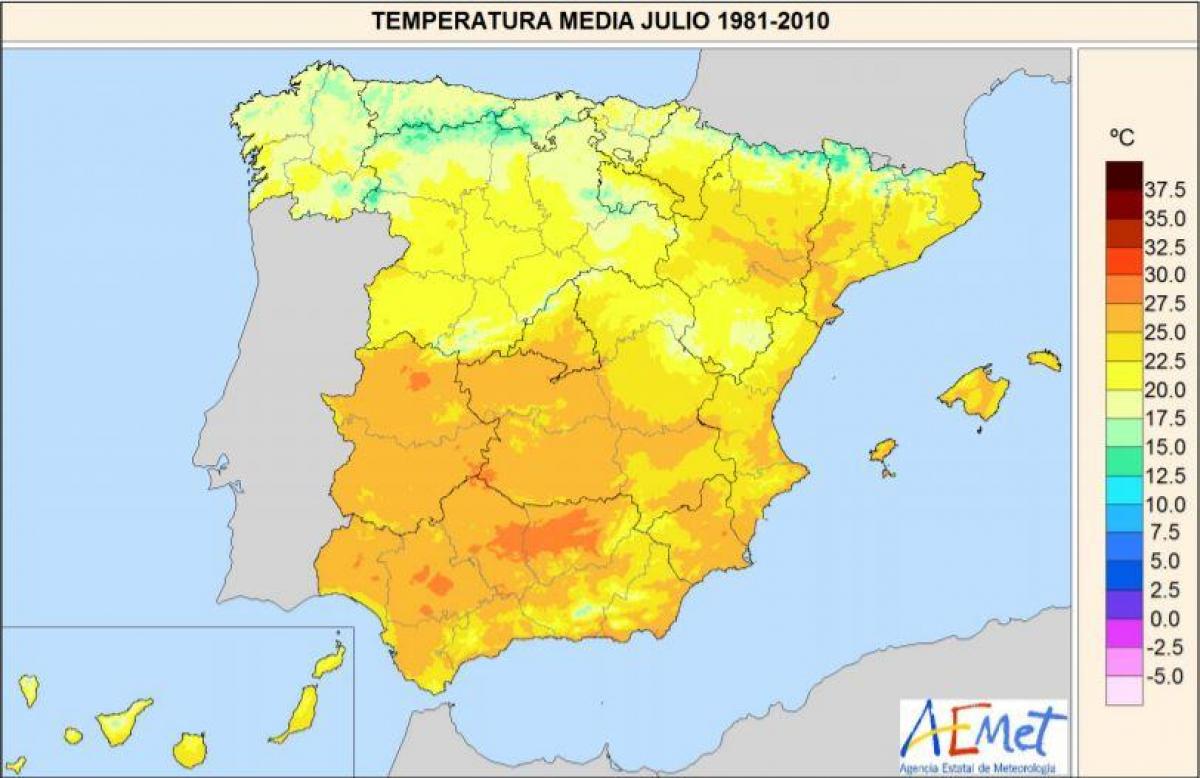 Температурата в Испания на картата Испания температура (в Южна Европа